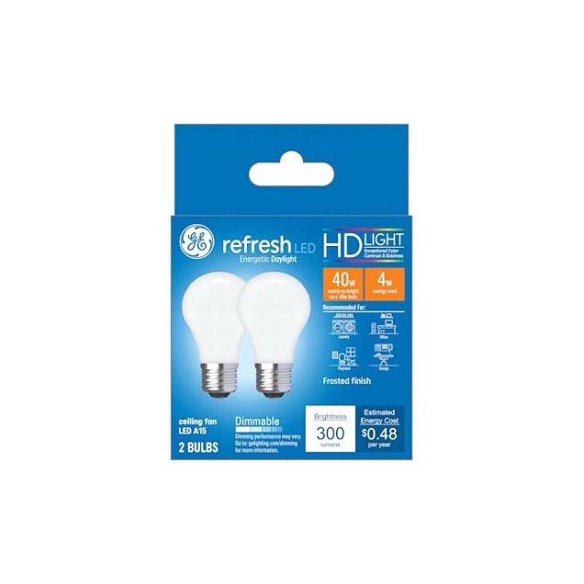 GE 4W Daylight A15 Medium Base 300 Lumens Frosted Ceiling Fan LED Light Bulb (2-Pack)