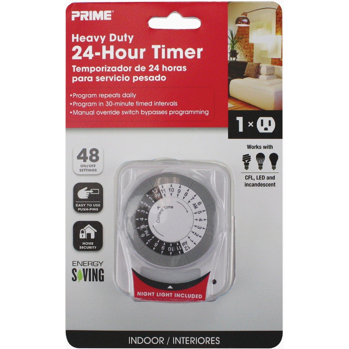 Prime 1-Outlet Indoor 24 Hr. Timer with Photocell Nightlight
