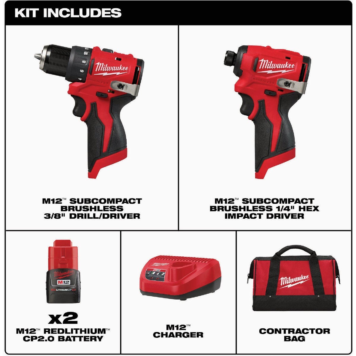Milwaukee M12 2-Tool Brushless Subcompact Drill/Driver & Impact Driver Combo Kit with (2) Batteries & Charger - photo 3 Milwaukee M12 2-Tool Brushless Subcompact Drill/Driver & Impact Driver Combo Kit with (2) Batteries & Charger - photo 3