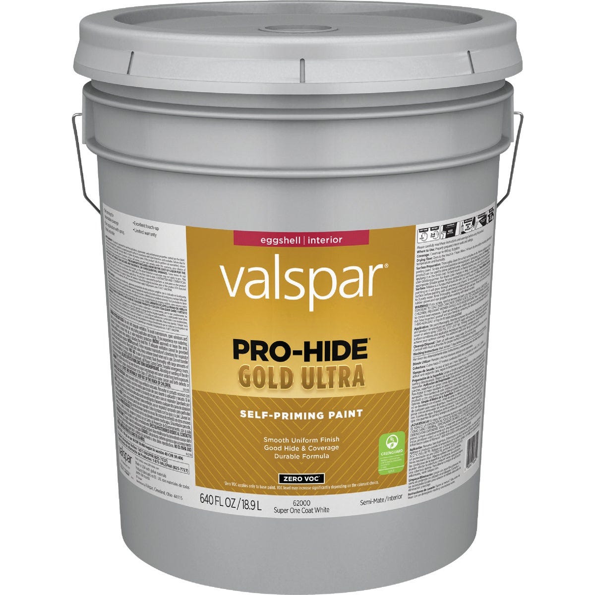 Valspar Pro-Hide Gold Ultra Zero VOC Latex Eggshell Interior Wall Paint, Super One-Coat White, 5 Gal.