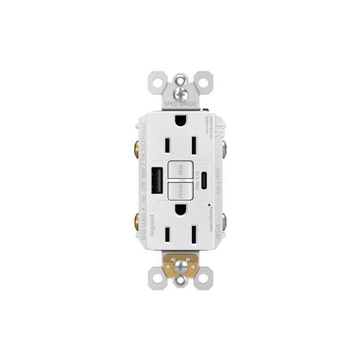 Legrand Pass & Seymour Radiant 15A White Tamper-Resistant Self-Test GFCI USB Type-A/C Outlet