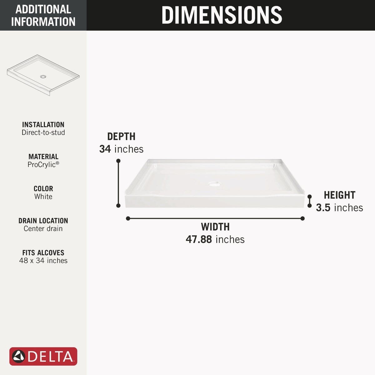 Delta 48 In. x 34 In. Gloss White Classic 500 Shower Base - photo 2 Delta 48 In. x 34 In. Gloss White Classic 500 Shower Base - photo 2