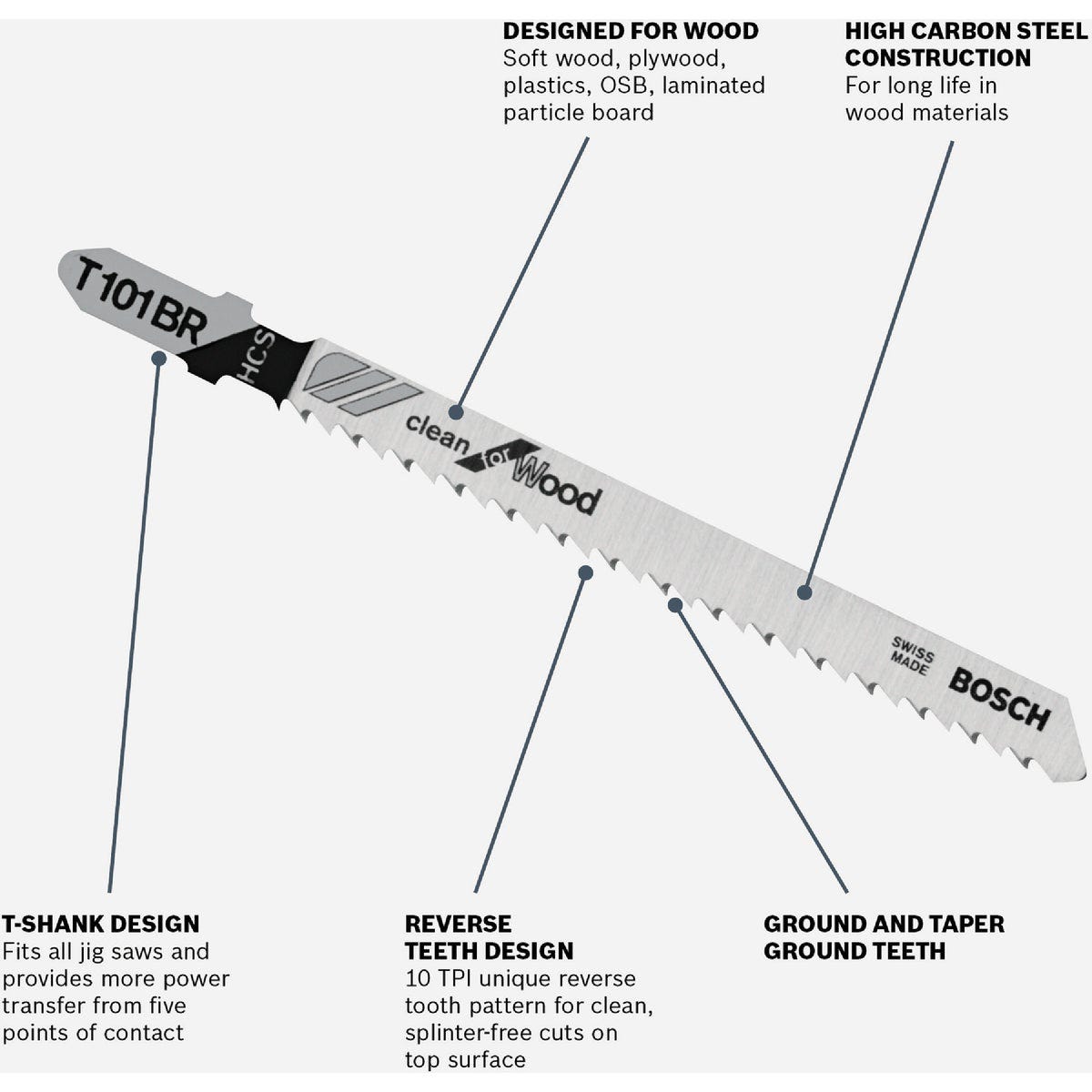 Bosch 4 In. x 10 TPI T-Shank HCS Reverse Cut Jig Saw Blade for Wood (5-Pack) - photo 2 Bosch 4 In. x 10 TPI T-Shank HCS Reverse Cut Jig Saw Blade for Wood (5-Pack) - photo 2