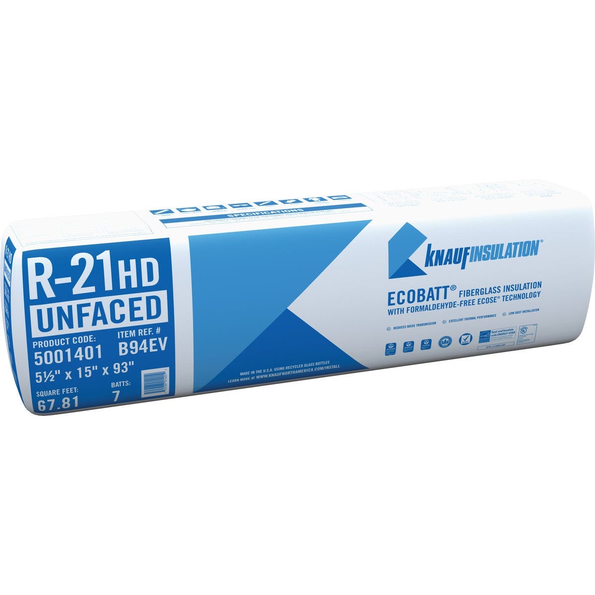 Knauf ECOBATT R-21 15 In. x 93 In. High Density Unfaced Fiberglass Insulation Knauf ECOBATT R-21 15 In. x 93 In. High Density Unfaced Fiberglass Insulation