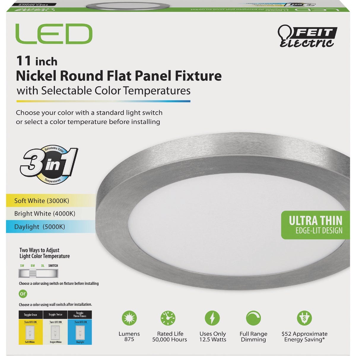 Feit Electric Edge-Lit 11 In. Nickel Round Disc 4-Way LED Flush Mount Light