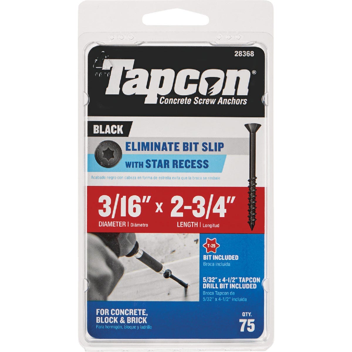Tapcon 3/16 In. x 2-3/4 In. Star Drive Flat Head Black Concrete Screw Anchor (75-Count)