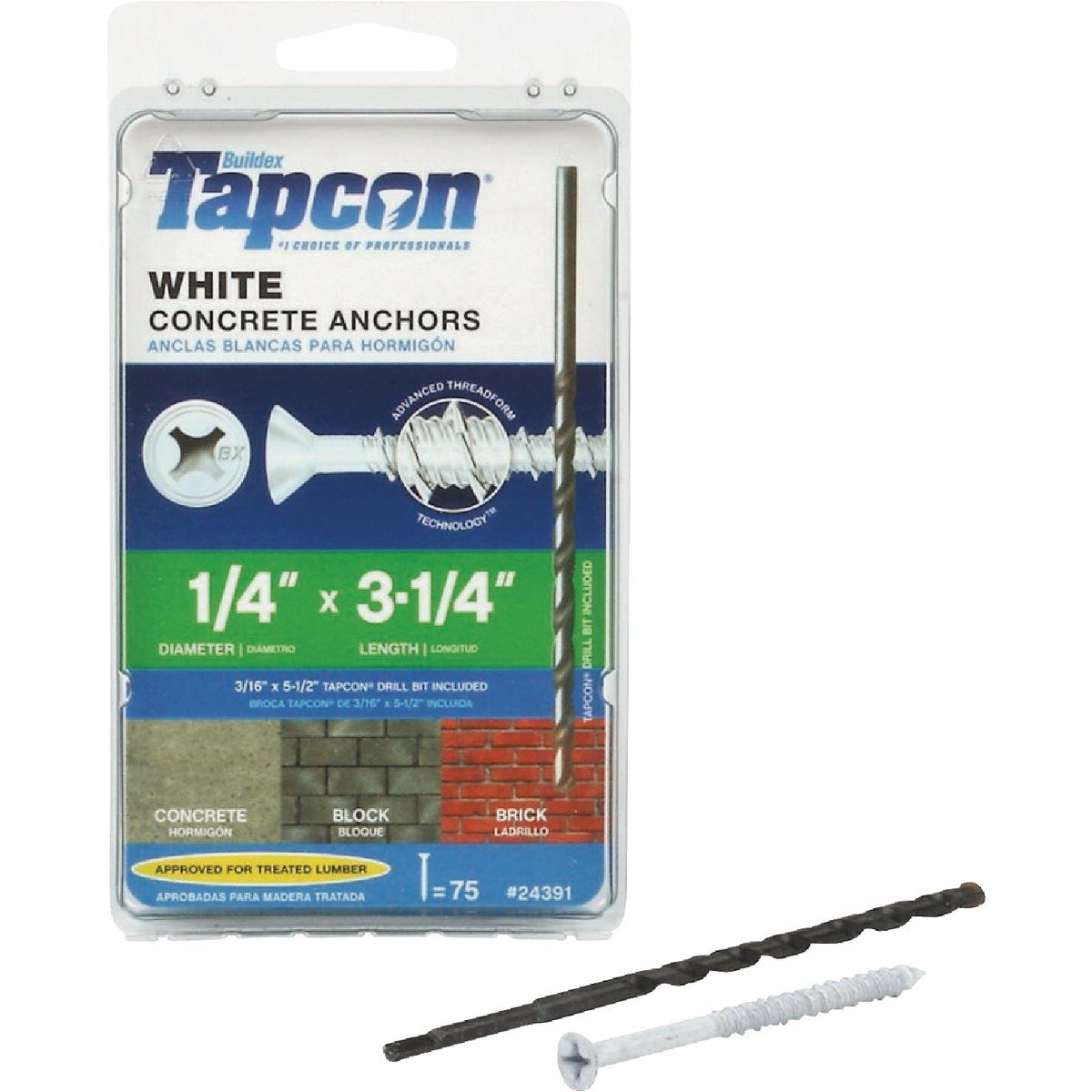 Tapcon 1/4" x 3-1/4" White Ultrashield Philips Flat-Head Concrete Screw Anchor (75 Ct.)