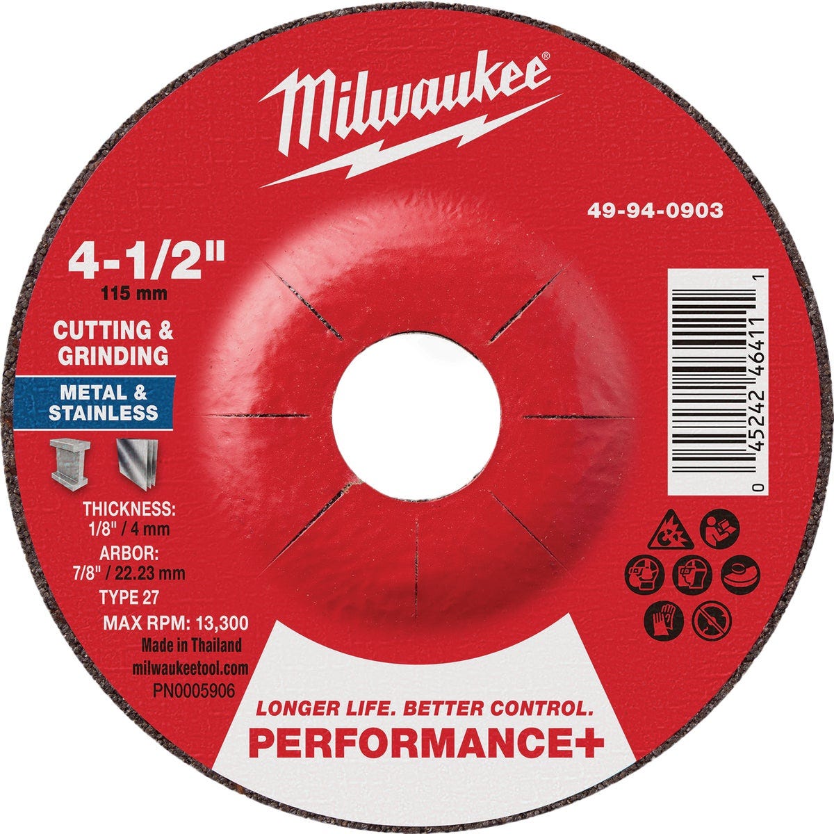 Milwaukee Type 27 4-1/2 In. x 1/8 In. x 7/8 In. Performance-Plus Dual Metal Cut & Grind Wheel Milwaukee Type 27 4-1/2 In. x 1/8 In. x 7/8 In. Performance-Plus Dual Metal Cut & Grind Wheel