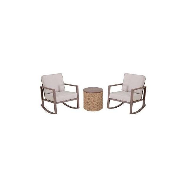 Sunjoy 3-Piece Grand Valley Chat Set, 2 Cushioned Rocking Chairs & Storage Table