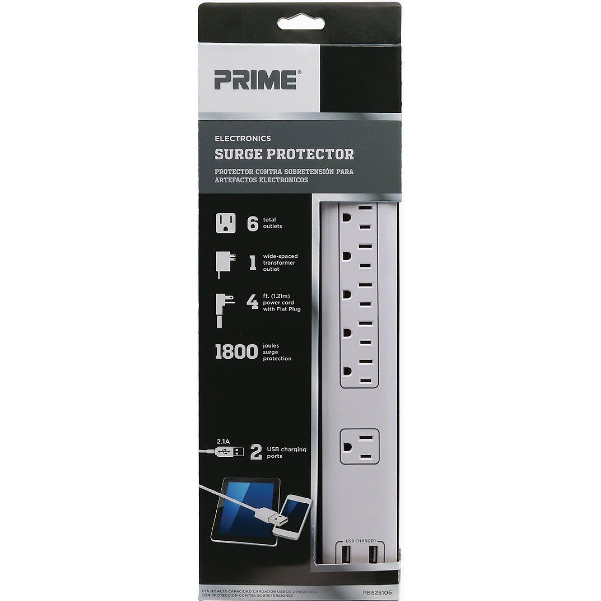 Prime 6-Outlet 1800J Multimedia Surge Protector Strip with 2-Port USB Charger & 4 Ft. Cord