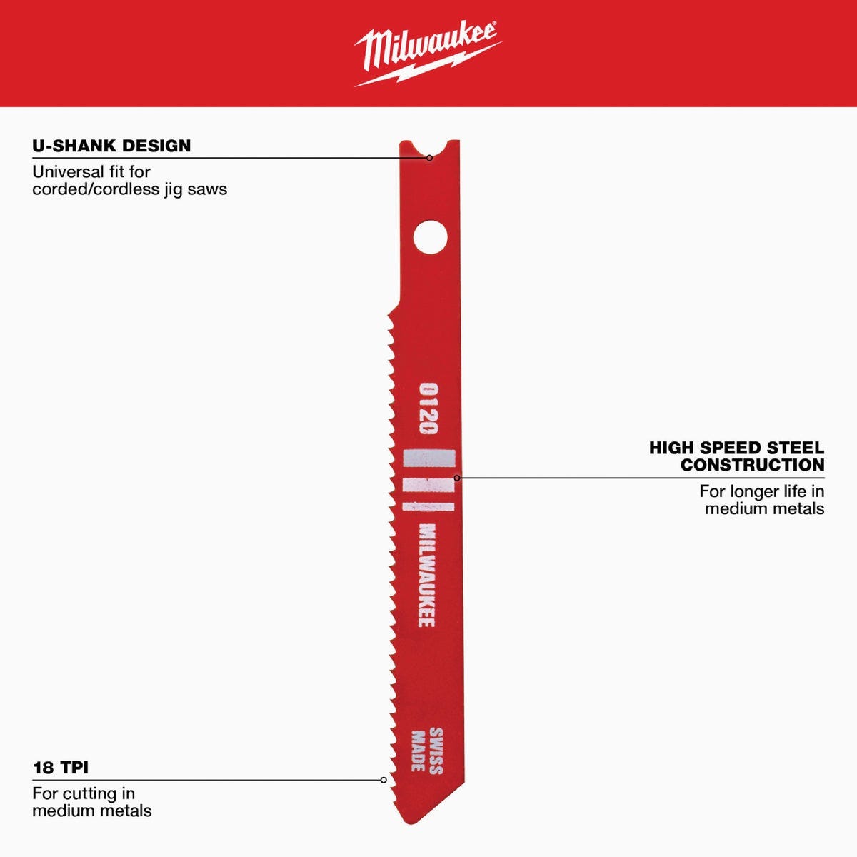 Milwaukee 2-3/4 In. x 18 TPI U-Shank HSS Jig Saw Blade for Metal (5-Pack) - photo 5