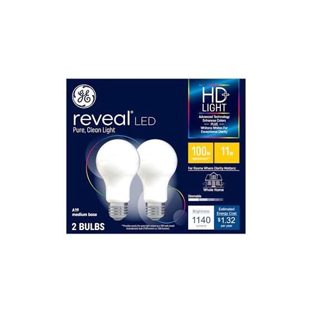 GE 11W A19 Medium Base 1140 Lumens HD+ Reveal LED Light Bulb (2