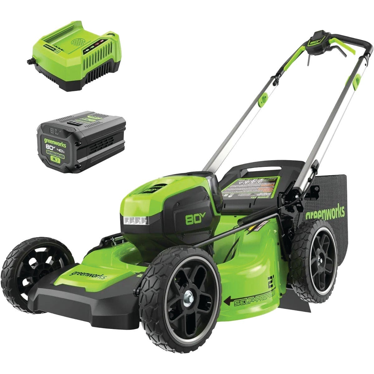 Greenworks 21 In. 80V Self-Propelled Lawn Mower with 4.0 Ah Battery & Rapid Charger Greenworks 21 In. 80V Self-Propelled Lawn Mower with 4.0 Ah Battery & Rapid Charger