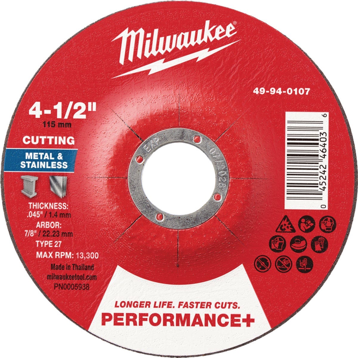 Milwaukee Type 27 4-1/2 In. x .045 In. x 7/8 In. Performance-Plus Metal Cut-Off Wheel Milwaukee Type 27 4-1/2 In. x .045 In. x 7/8 In. Performance-Plus Metal Cut-Off Wheel