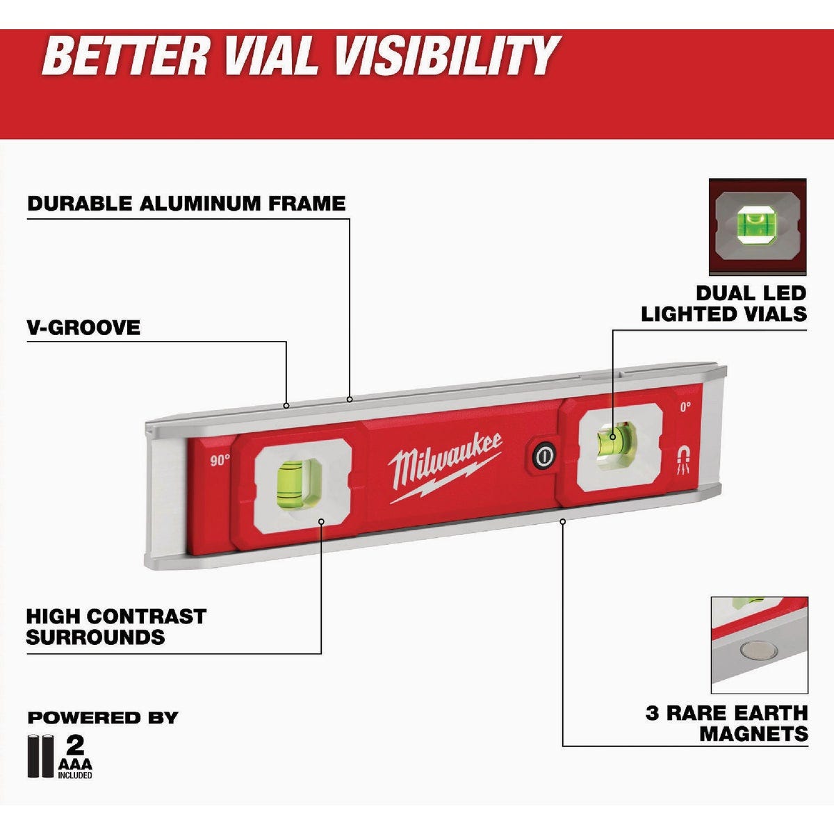 Milwaukee 9 In. Torpedo Level with Lighted Vials - photo 3 Milwaukee 9 In. Torpedo Level with Lighted Vials - photo 3