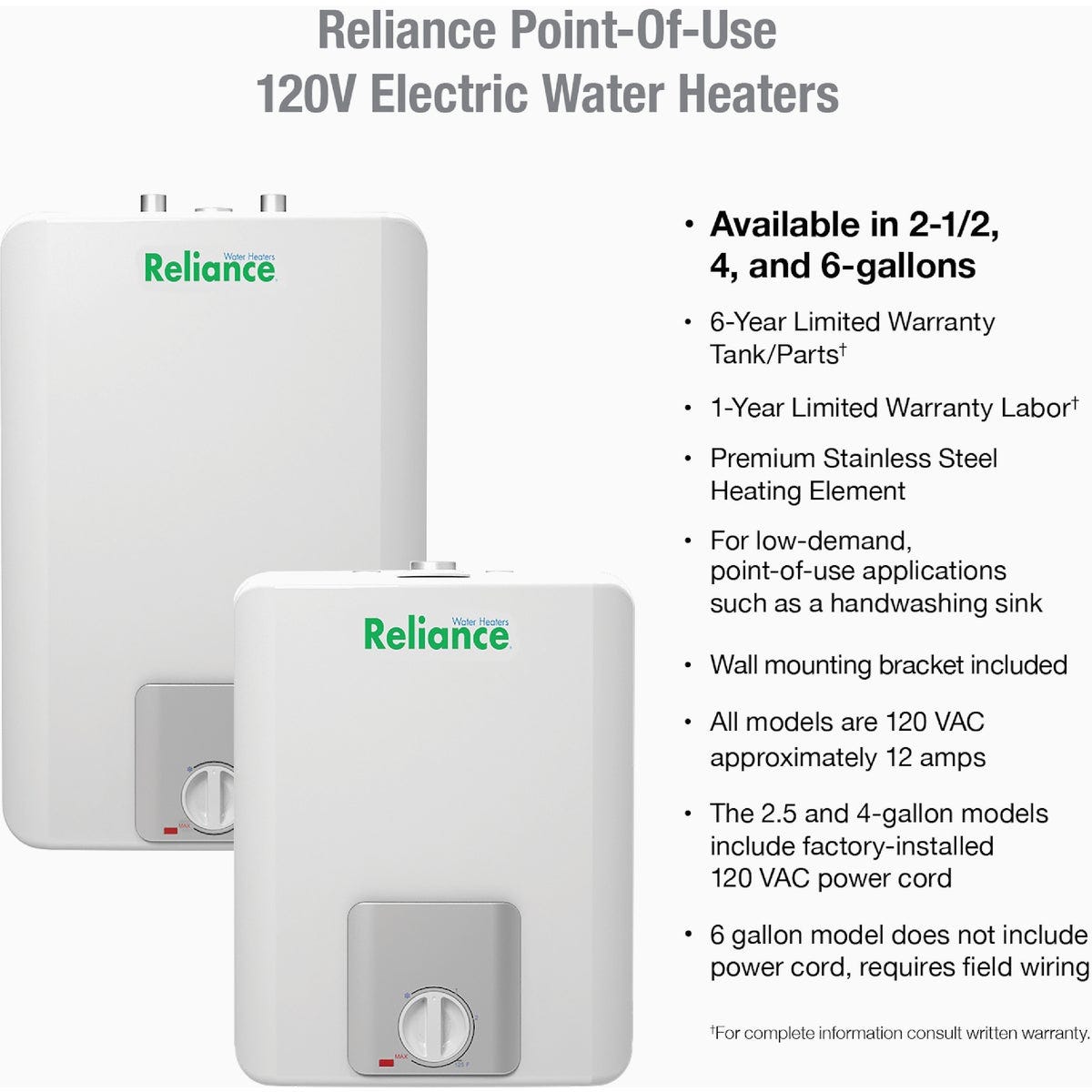 Reliance 2.5 Gal. 6 Year 1440-Watt Element Point-of-Use Electric Water Heater - photo 2 Reliance 2.5 Gal. 6 Year 1440-Watt Element Point-of-Use Electric Water Heater - photo 2