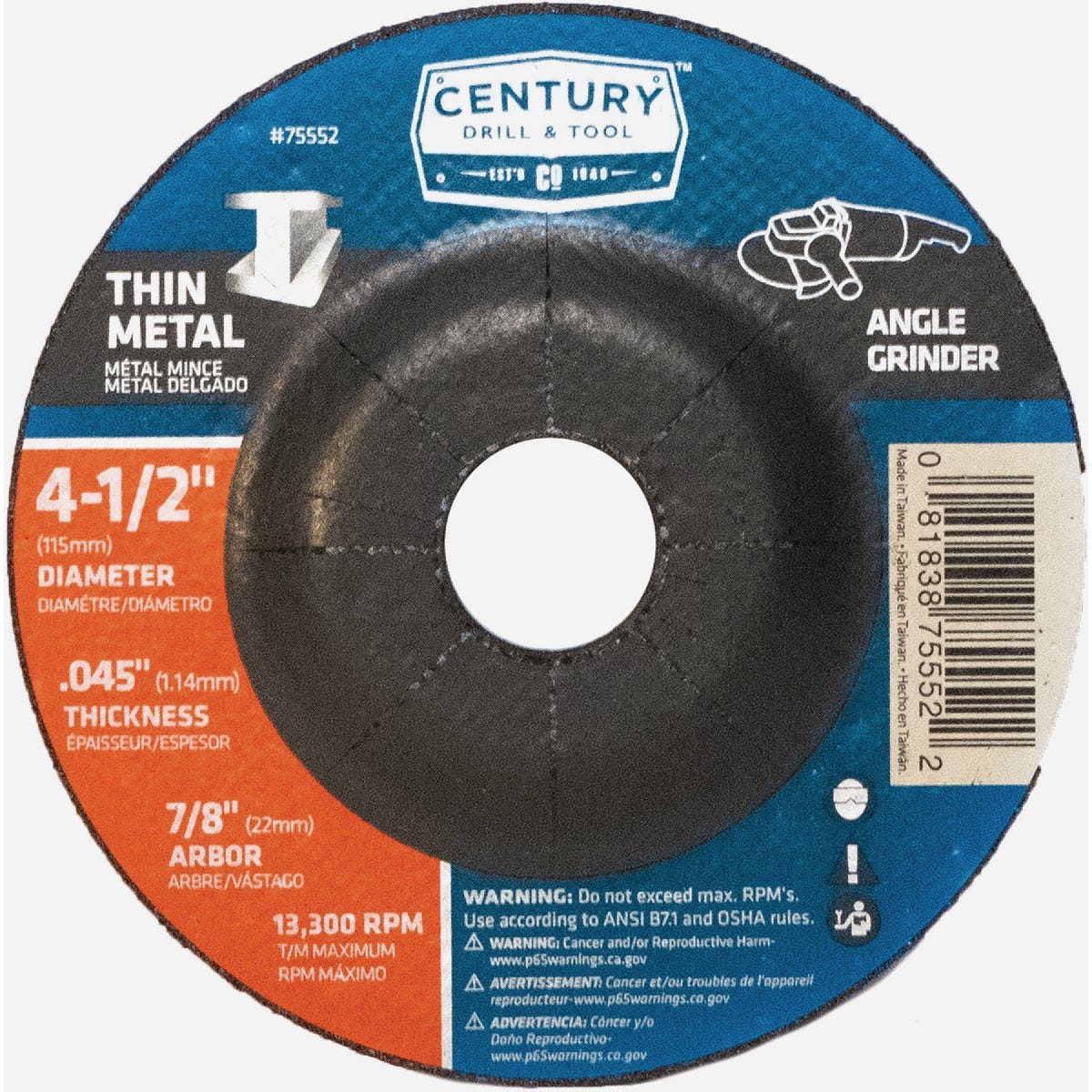 Century Drill & Tool 4-1/2 In. x 0.045 In. Depressed Center Metal Grinding Wheel