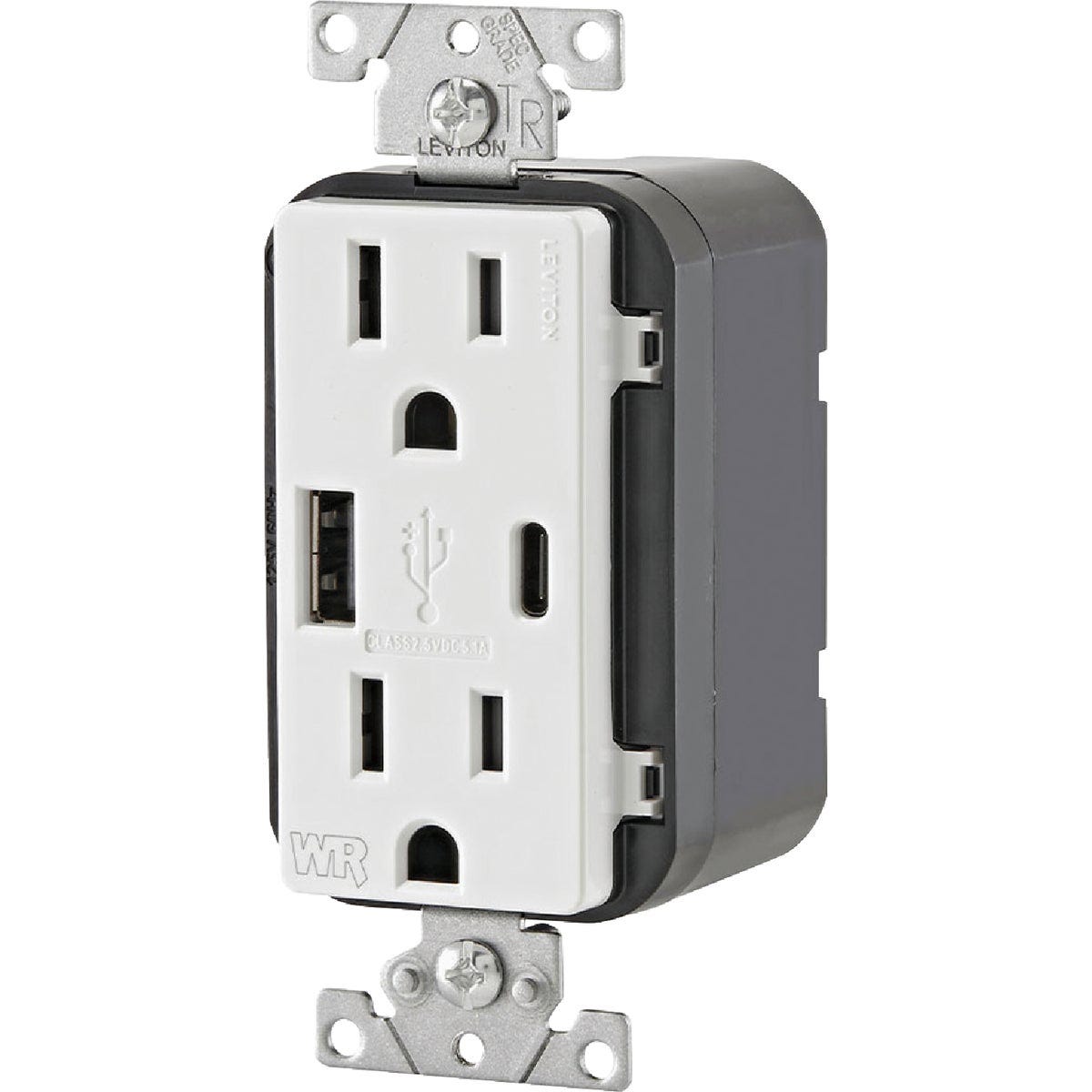 Leviton Decora 15A White 5.1A Type A/C USB 5-15R Weather/Tamper-Resistant In-Wall Charger Duplex Outlet - photo 2
