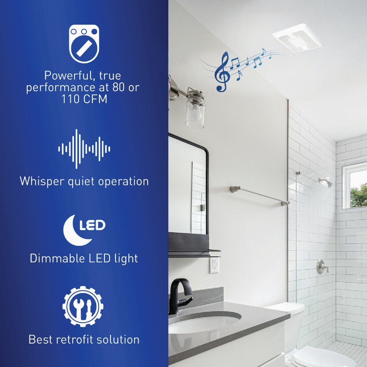 Panasonic Whisper Symphony 80/110 CFM Bathroom Exhaust Fan with Dimmable LED Light and Dual Bluetooth Speakers - photo 5 Panasonic Whisper Symphony 80/110 CFM Bathroom Exhaust Fan with Dimmable LED Light and Dual Bluetooth Speakers - photo 5