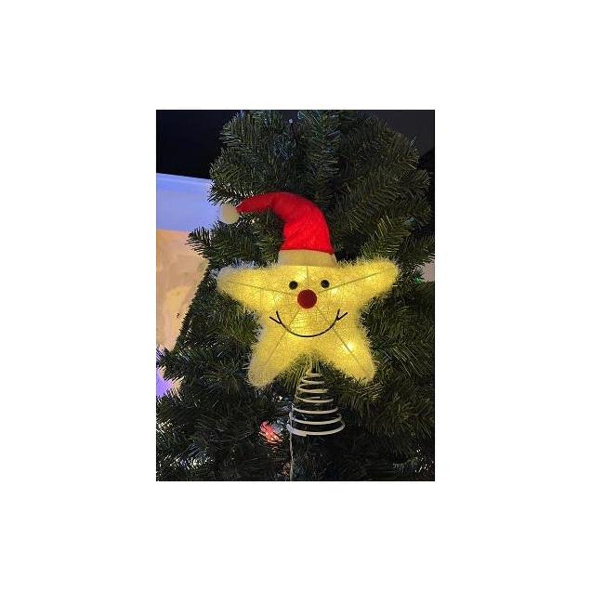 Sylvania 12 In. 10-Bulb Warm White LED Lights Timer/Battery Operated Lighted Star Tree Topper with Santa Hat