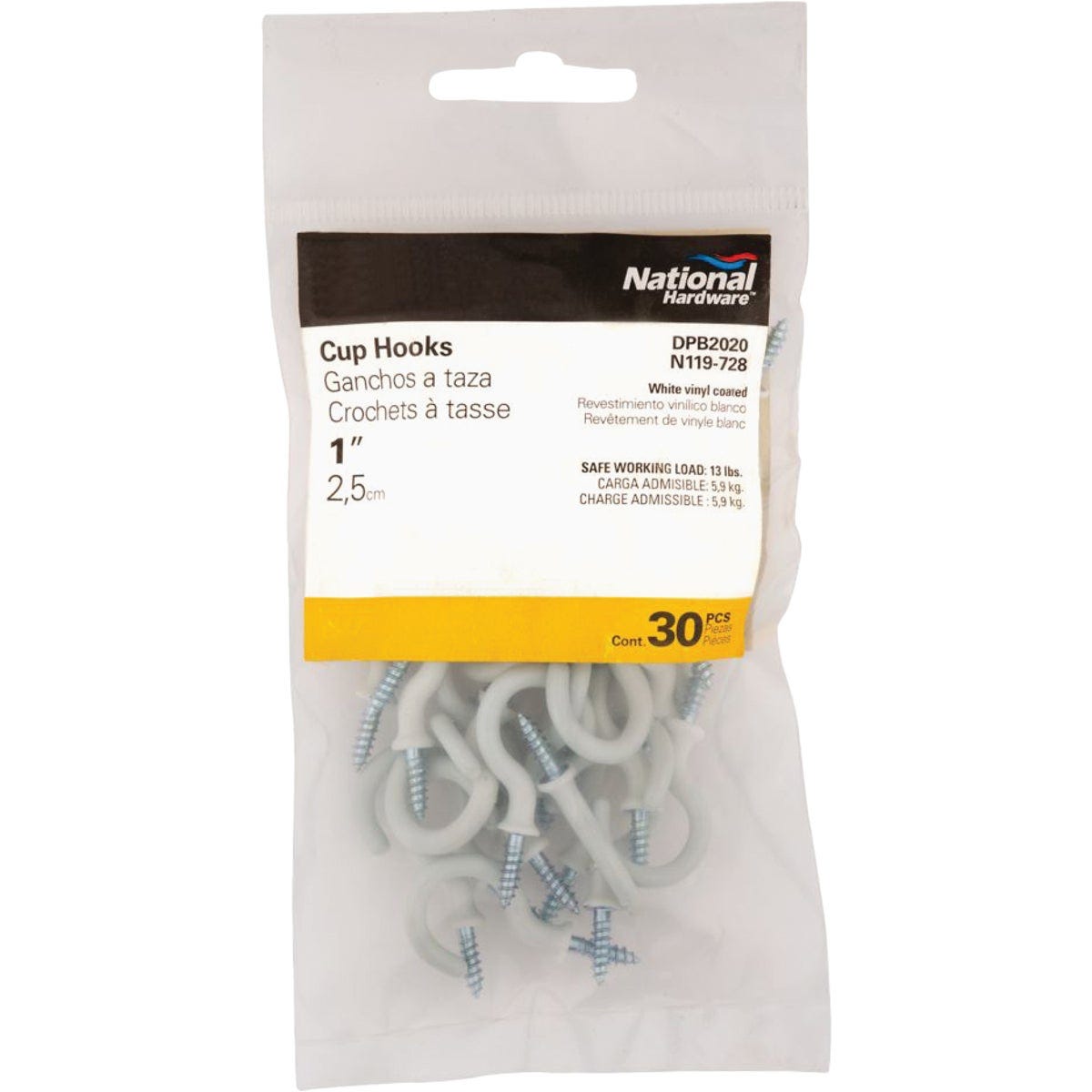 National Hardware 1 In. White Vinyl Cup Hook (30 Count) - photo 2