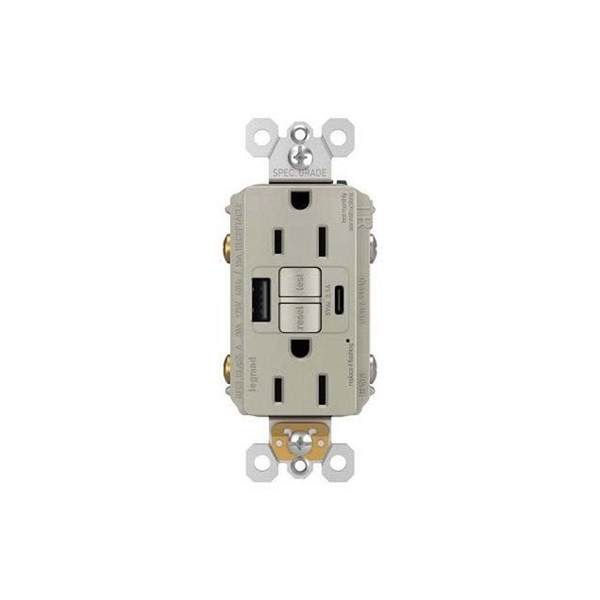 Legrand Pass & Seymour Radiant 15A Nickel Tamper-Resistant Self-Test GFCI USB Type-A/C Outlet