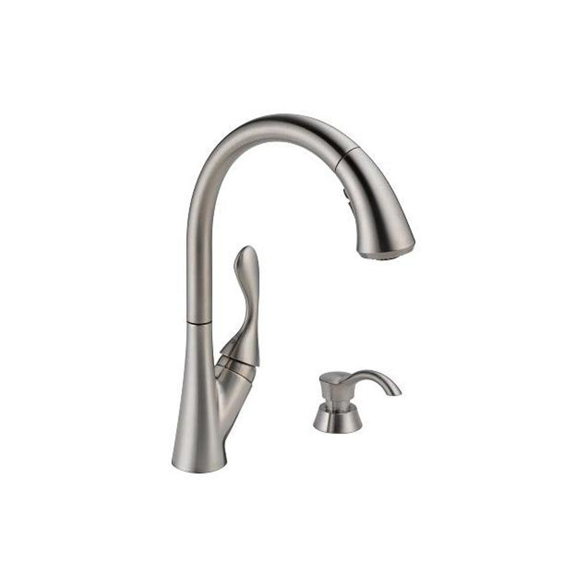Delta Ashton Stainless Steel High-Arc Kitchen Faucet With Pull-Down ShieldSpray + Soap Dispenser