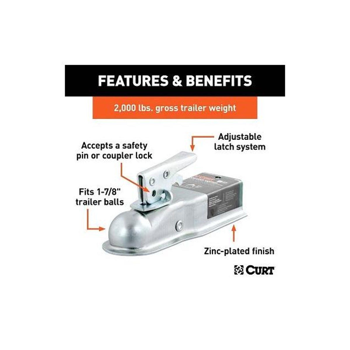 Curt 1-7/8 In. Zinc Posi-Lock Straight-Tongue Trailer Coupler, 2-1/2 In. Channel, 2,000 Lb. Strength - photo 4