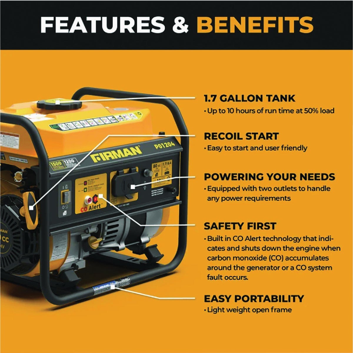 Firman 1500/1200W Gas Recoil Start Portable Generator with CO Alert - photo 2 Firman 1500/1200W Gas Recoil Start Portable Generator with CO Alert - photo 2