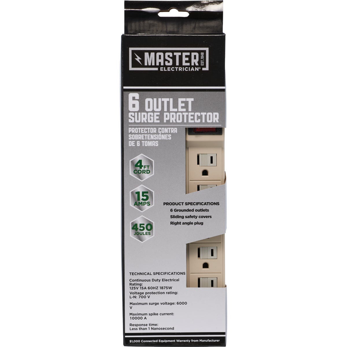 Do it Best 6-Outlet 450J Tan Power Surge Strip with 4 Ft. Cord