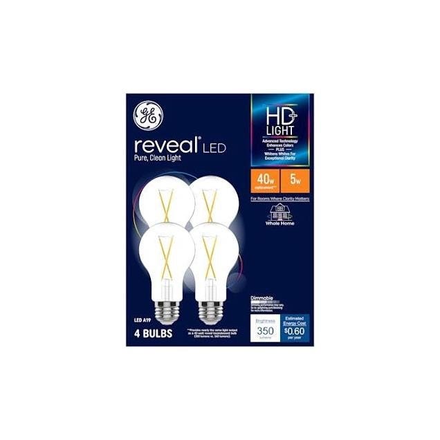GE 5W Clear A19 Medium Base Reveal LED Light Bulb (4-Pack)